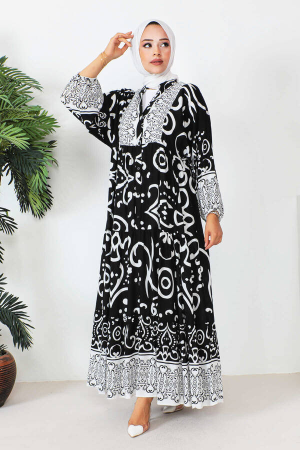 Robalı Desenli Tesettür Elbise -9
