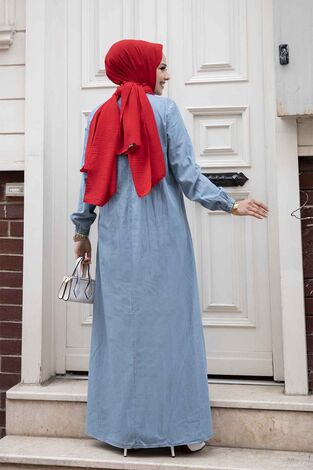 Robalı Tesettür Kot Elbise Açık Mavi - Thumbnail