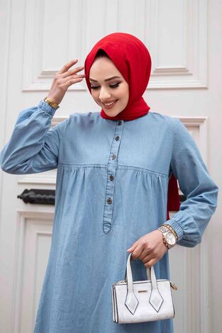 Robalı Tesettür Kot Elbise Açık Mavi - Thumbnail