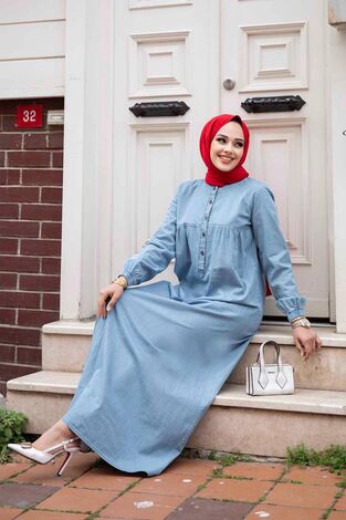 Robalı Tesettür Kot Elbise Açık Mavi - Thumbnail