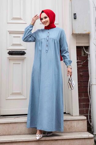 Robalı Tesettür Kot Elbise Açık Mavi - Thumbnail