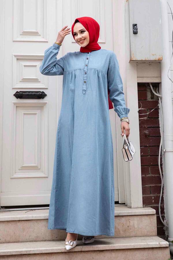 Robalı Tesettür Kot Elbise Açık Mavi