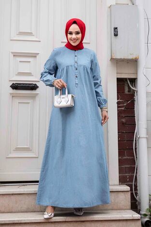 Robalı Tesettür Kot Elbise Açık Mavi - Thumbnail