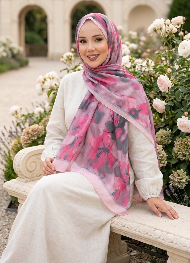 Msc - Rosa Çiçek Desen Şal Serisi Pembe