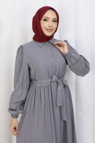 Rose Kuşaklı Yarım Düğmeli Elbise Gri - Thumbnail