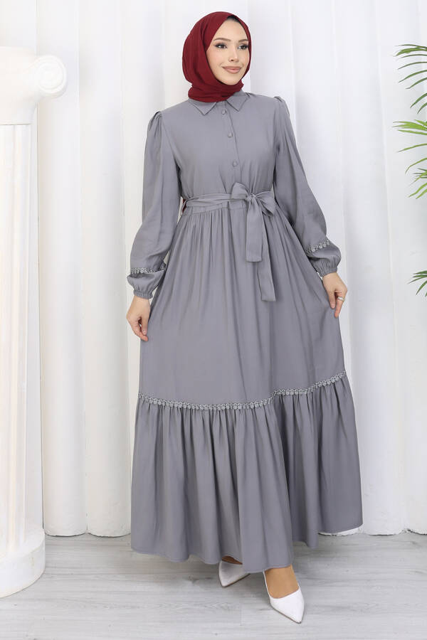 Hl - Rose Kuşaklı Yarım Düğmeli Elbise Gri