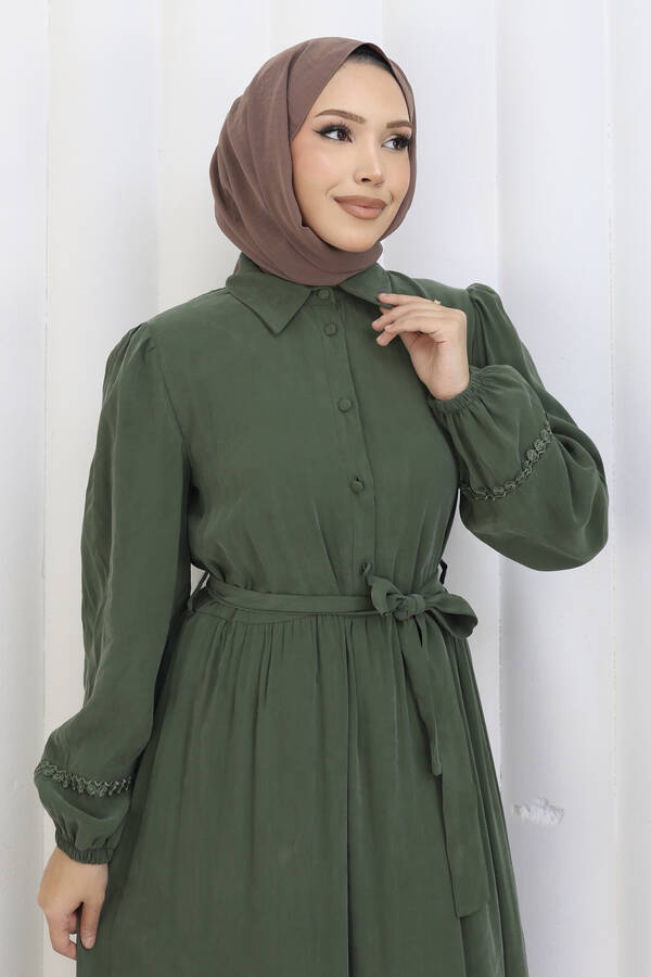 Hl - Rose Kuşaklı Yarım Düğmeli Elbise Haki (1)