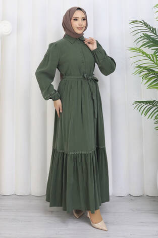 Rose Kuşaklı Yarım Düğmeli Elbise Haki - Thumbnail
