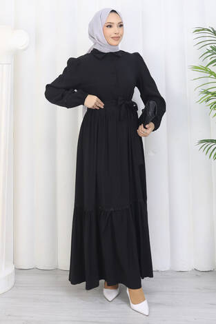 Rose Kuşaklı Yarım Düğmeli Elbise Siyah