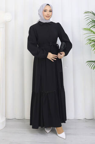 Rose Kuşaklı Yarım Düğmeli Elbise Siyah - Thumbnail