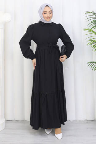 Rose Kuşaklı Yarım Düğmeli Elbise Siyah - Thumbnail