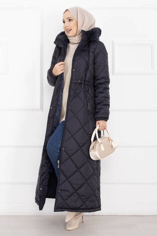 Royal Kapitone Kürk Kapüşonlu Uzun Şişme Mont Lacivert - Thumbnail