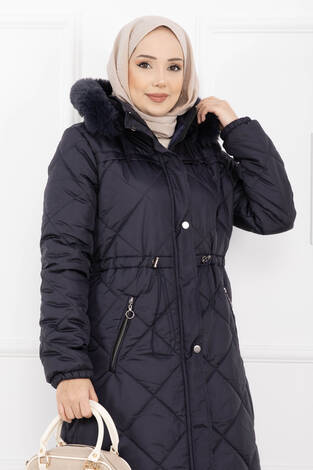 Royal Kapitone Kürk Kapüşonlu Uzun Şişme Mont Lacivert - Thumbnail