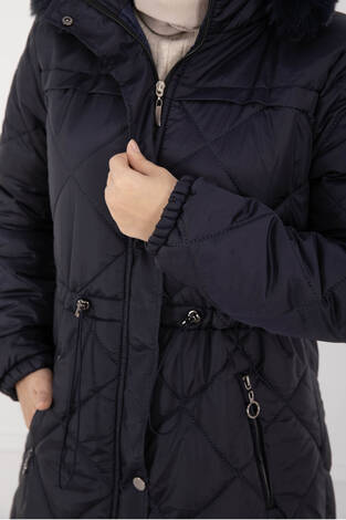 Royal Kapitone Kürk Kapüşonlu Uzun Şişme Mont Lacivert - Thumbnail