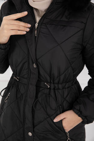 Royal Kapitone Kürk Kapüşonlu Uzun Şişme Mont Siyah - Thumbnail