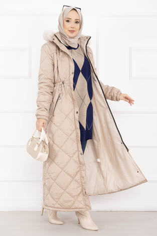 Royal Kapitone Kürk Kapüşonlu Uzun Şişme Mont Vizon - Thumbnail