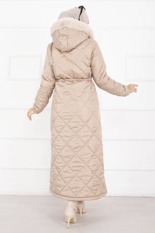 Royal Kapitone Kürk Kapüşonlu Uzun Şişme Mont Vizon - Thumbnail