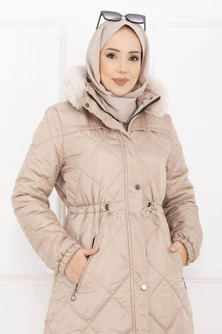 Royal Kapitone Kürk Kapüşonlu Uzun Şişme Mont Vizon - Thumbnail