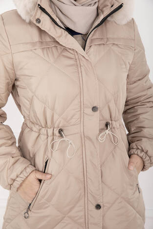 Royal Kapitone Kürk Kapüşonlu Uzun Şişme Mont Vizon - Thumbnail