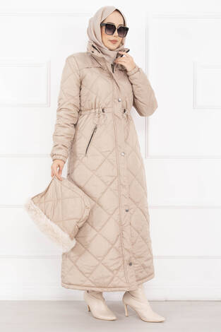 Royal Kapitone Kürk Kapüşonlu Uzun Şişme Mont Vizon - Thumbnail