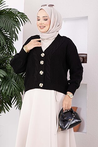 Saç Örgü Desenli Düğmeli Triko Hırka Siyah - 2