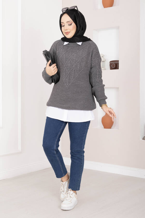 RAF - Saç Örgü Desenli Triko Kazak Antrasit