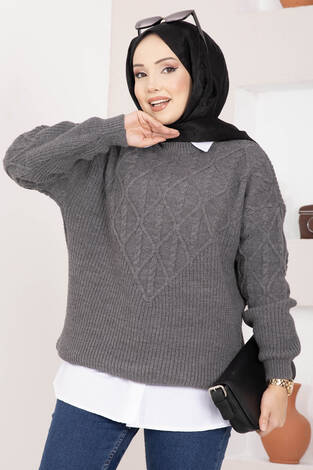 Saç Örgü Desenli Triko Kazak Antrasit - Thumbnail