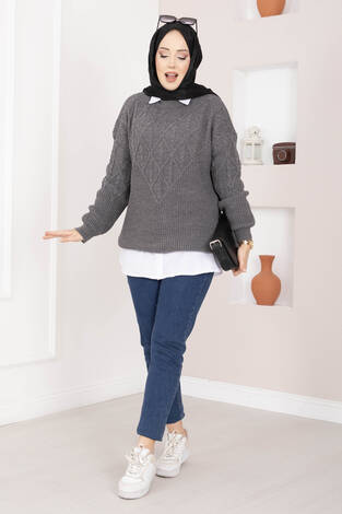 Saç Örgü Desenli Triko Kazak Antrasit - Thumbnail