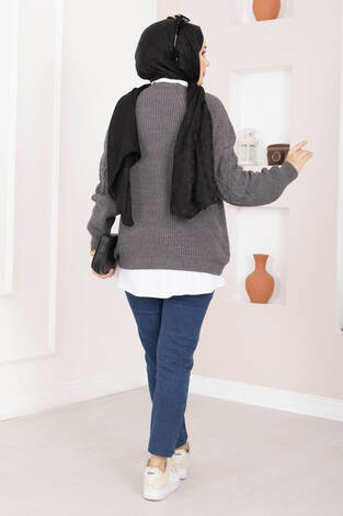 Saç Örgü Desenli Triko Kazak Antrasit - Thumbnail