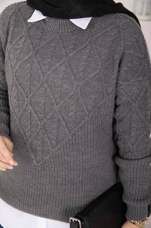 Saç Örgü Desenli Triko Kazak Antrasit - Thumbnail