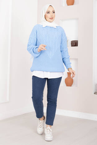 Saç Örgü Desenli Triko Kazak Bebe Mavisi - Thumbnail