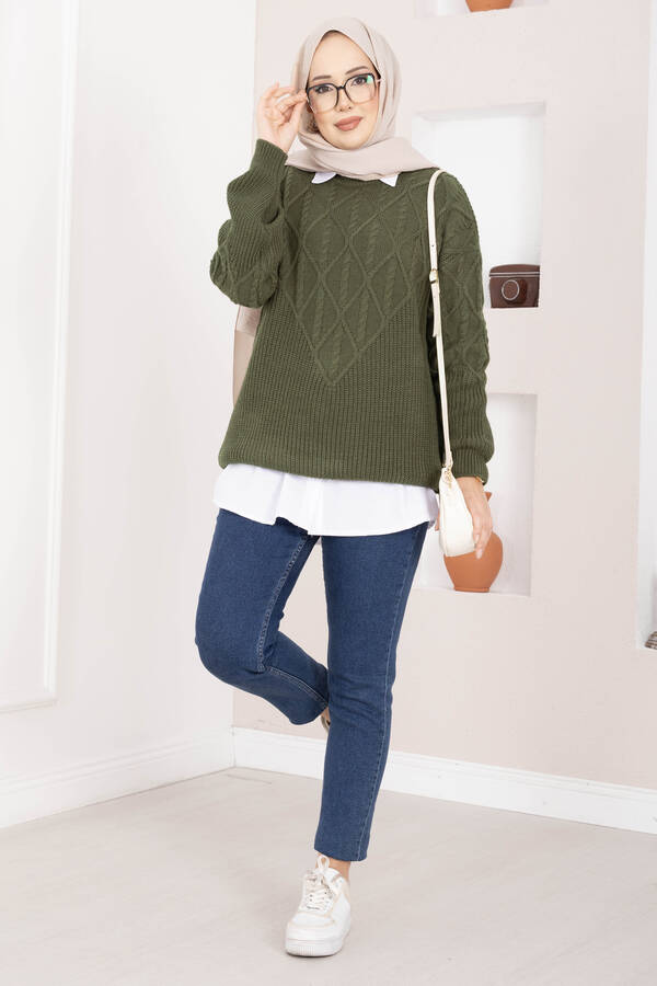 RAF - Saç Örgü Desenli Triko Kazak Haki