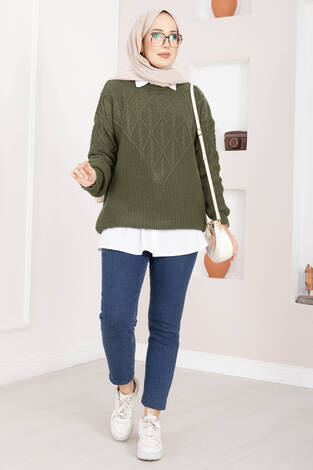 Saç Örgü Desenli Triko Kazak Haki - Thumbnail