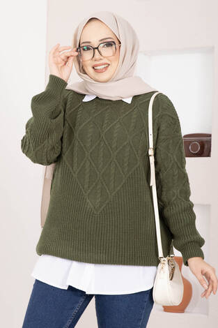 Saç Örgü Desenli Triko Kazak Haki - Thumbnail