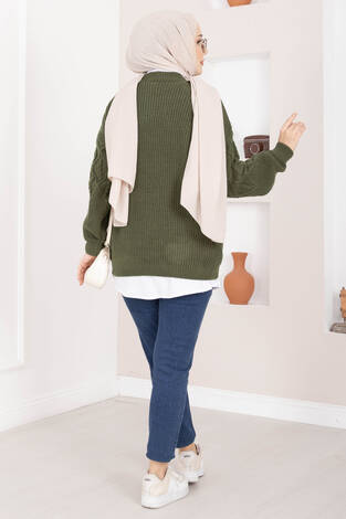 Saç Örgü Desenli Triko Kazak Haki - Thumbnail