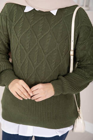 Saç Örgü Desenli Triko Kazak Haki - Thumbnail