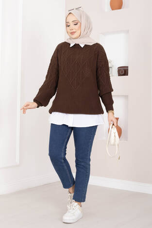 Saç Örgü Desenli Triko Kazak Kahve