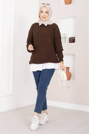 Saç Örgü Desenli Triko Kazak Kahve - Thumbnail