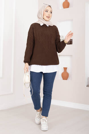 Saç Örgü Desenli Triko Kazak Kahve - Thumbnail