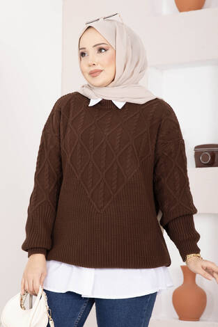 Saç Örgü Desenli Triko Kazak Kahve - Thumbnail