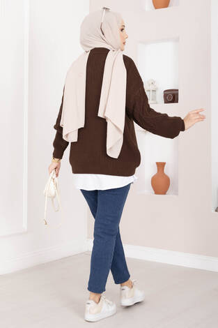 Saç Örgü Desenli Triko Kazak Kahve - Thumbnail