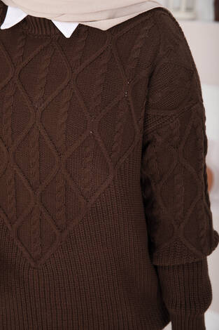 Saç Örgü Desenli Triko Kazak Kahve - Thumbnail
