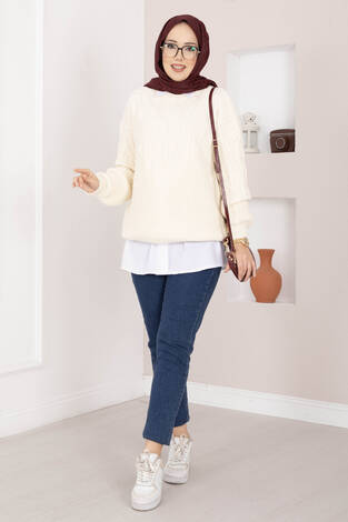 Saç Örgü Desenli Triko Kazak Krem - Thumbnail