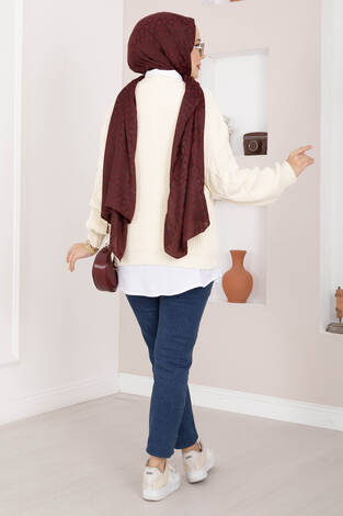 Saç Örgü Desenli Triko Kazak Krem - Thumbnail