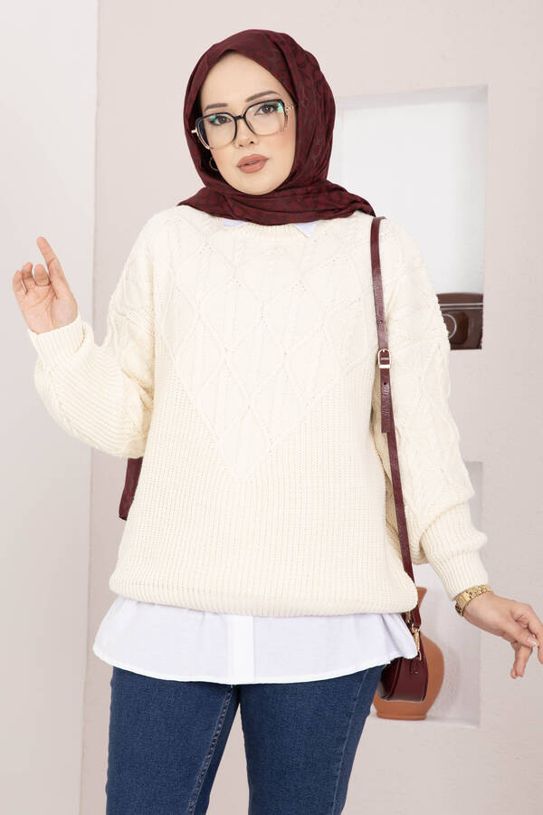 RAF - Saç Örgü Desenli Triko Kazak Krem (1)