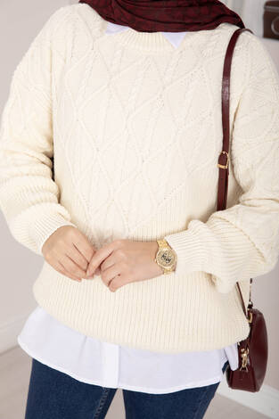 Saç Örgü Desenli Triko Kazak Krem - Thumbnail