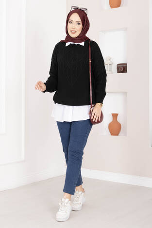 Saç Örgü Desenli Triko Kazak Siyah - Thumbnail