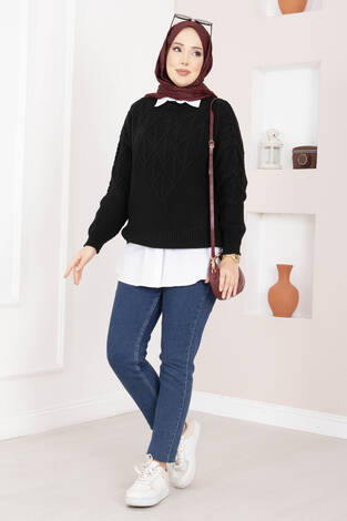 Saç Örgü Desenli Triko Kazak Siyah - Thumbnail