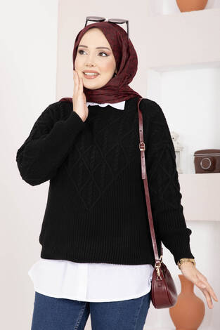 Saç Örgü Desenli Triko Kazak Siyah - Thumbnail