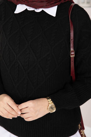 Saç Örgü Desenli Triko Kazak Siyah - Thumbnail